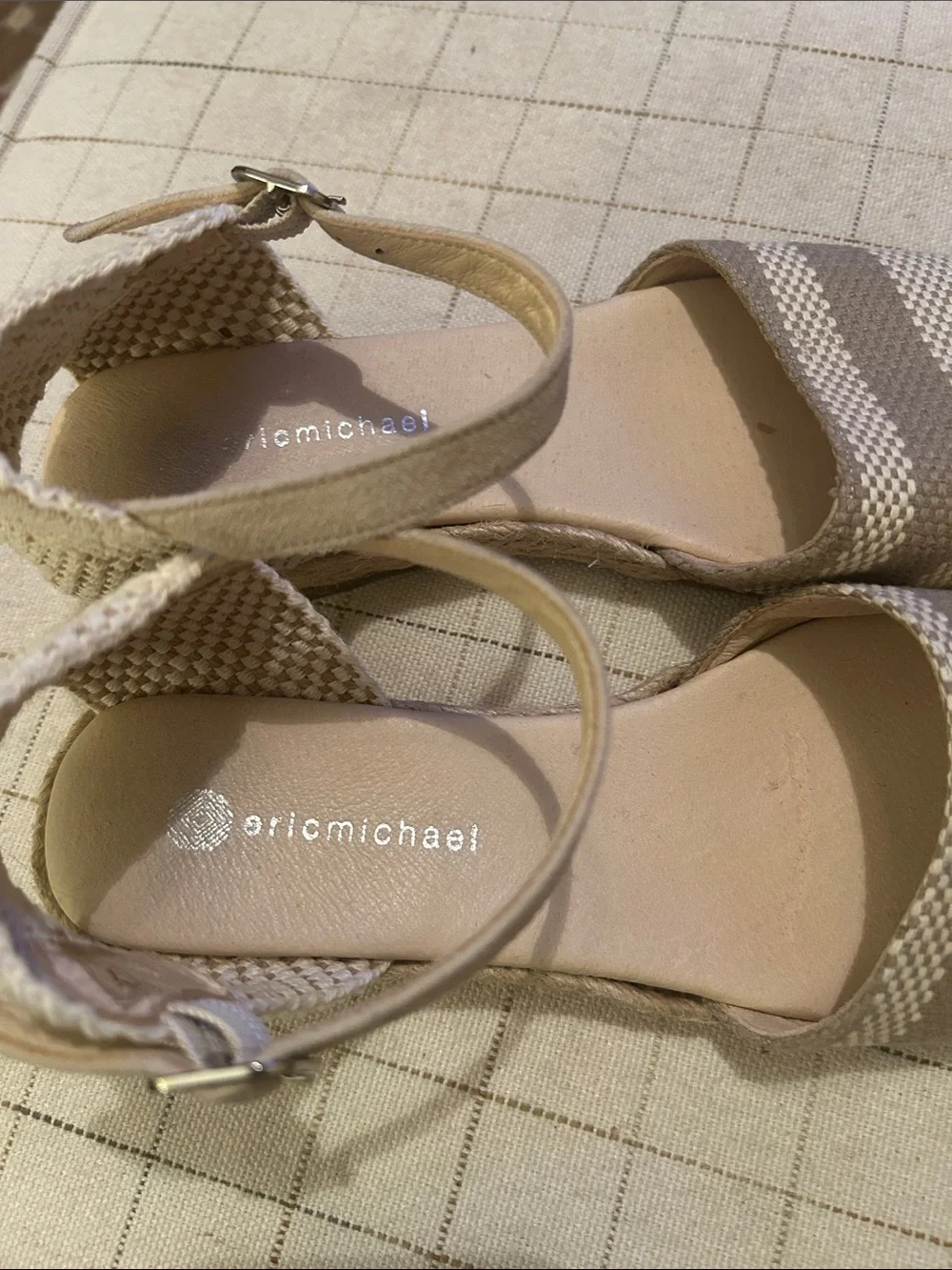 Eric Michael Striped Ankle-Strap Espadrilles in Taupe and Cream
